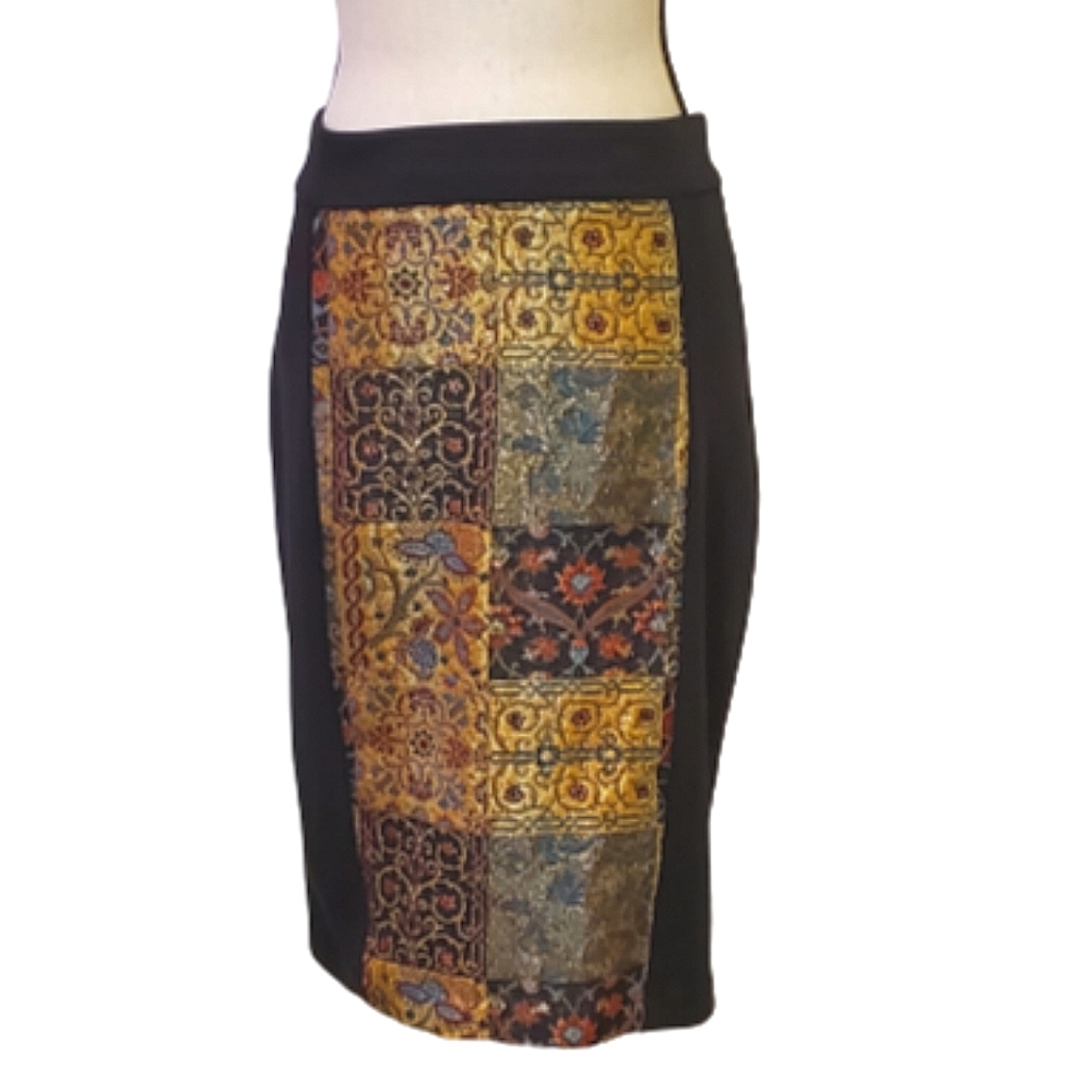 Black Pencil Skirt with Gold Patchwork Panel